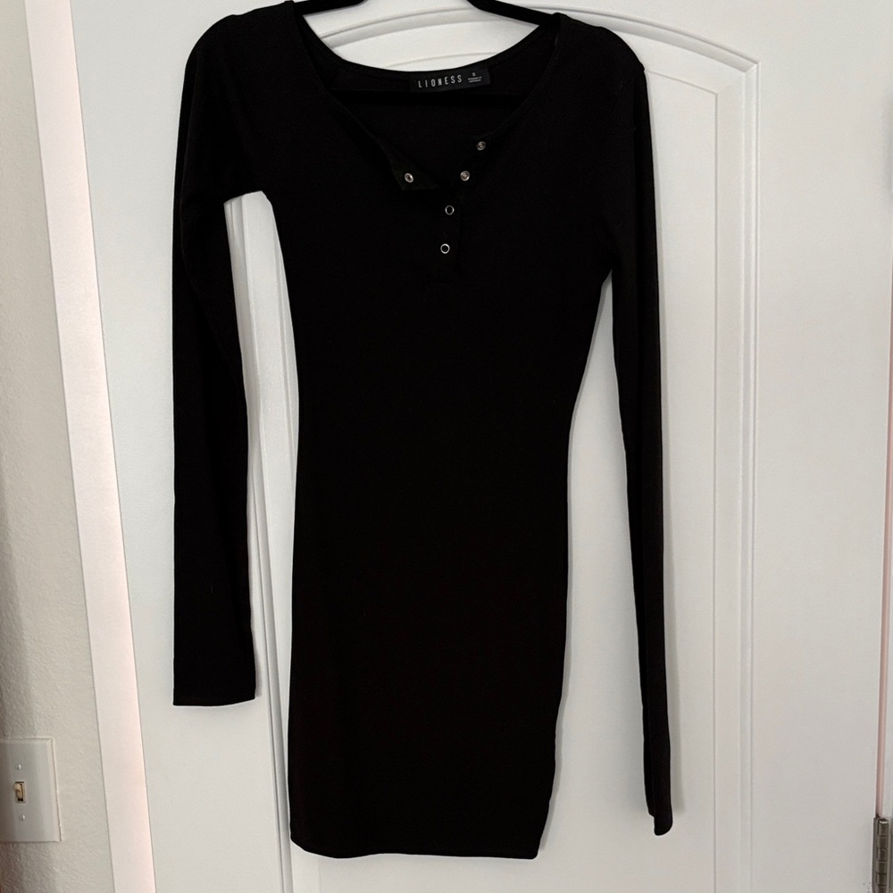 Lioness Black Long-Sleeve Henley Bodycon Mini Dress